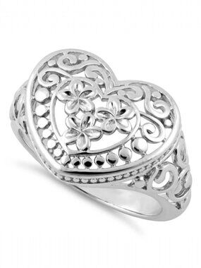 925 STERLING SILVER Heart Plumeria Flower Ring